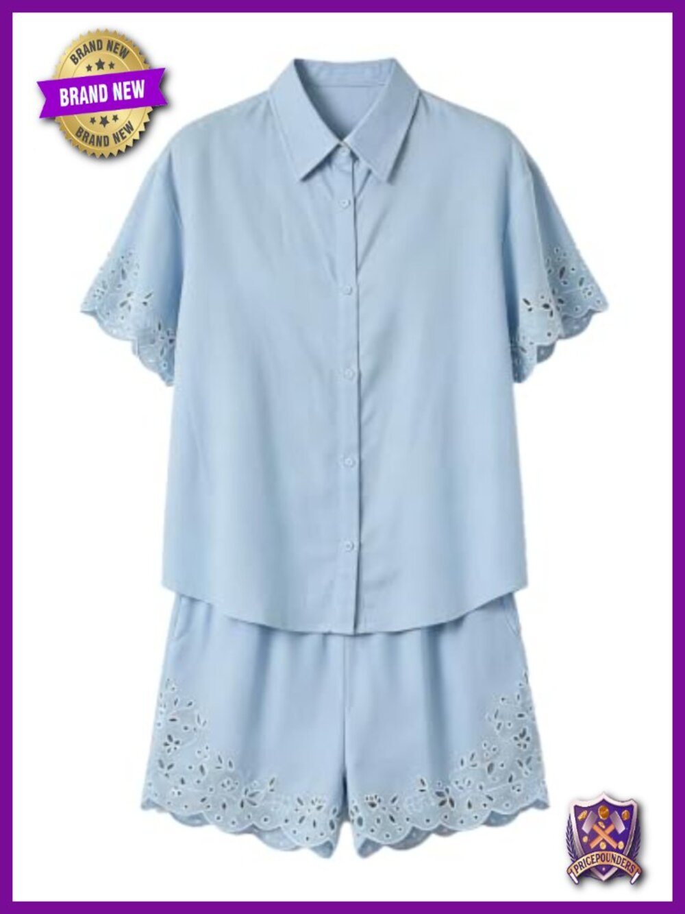 Women 2 Piece Eyelet Embroidered Button Down Shirt & Wide Leg Shorts Set